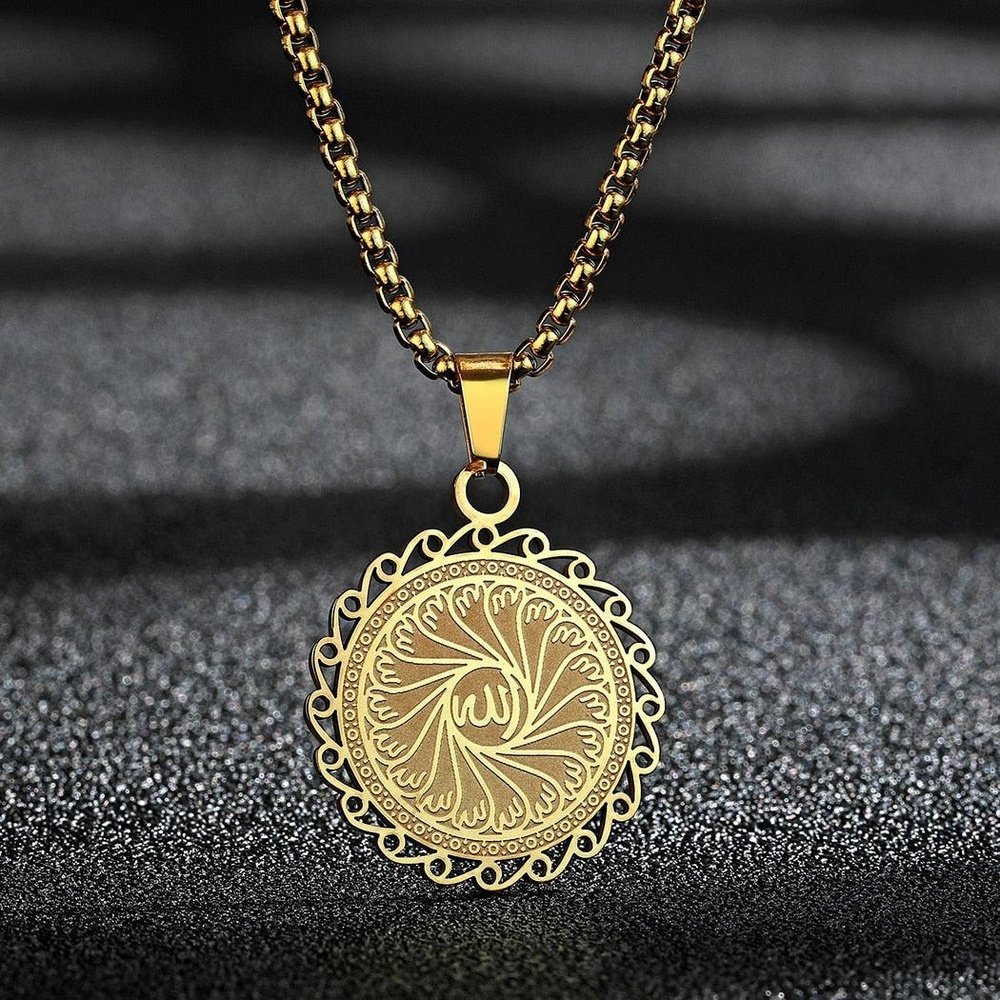 Gold Plated Totem Quran Round Islamic Necklace Unisex